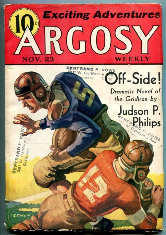 Pulp: Argosy Weekly Pulp November #23 (1935), raw comic book in VG condition — front cover
