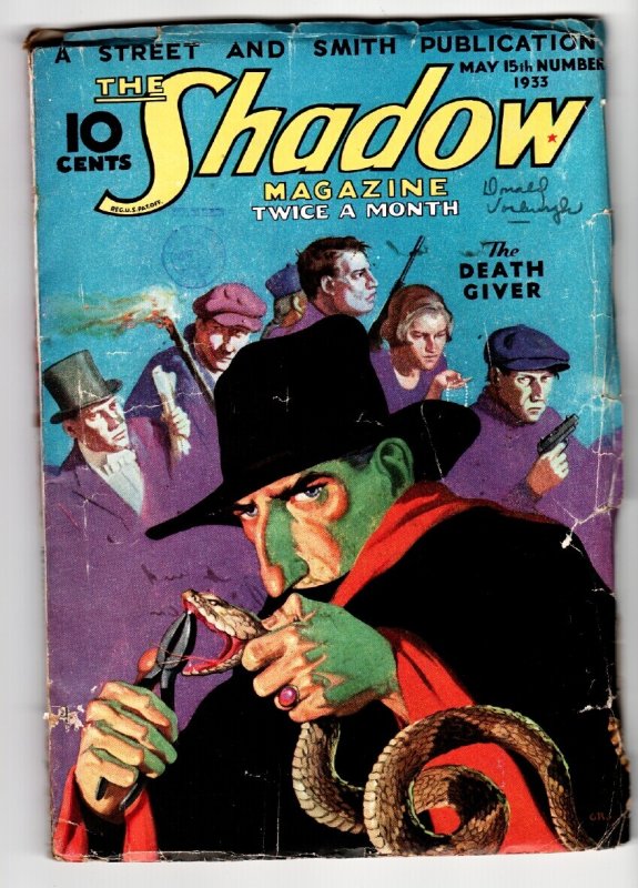 Pulp: Shadow 1933 May 15 Rattlesnake Cover-STREET AND Smith-Rare Pulp VG (1933), raw, ungraded comic book — front cover