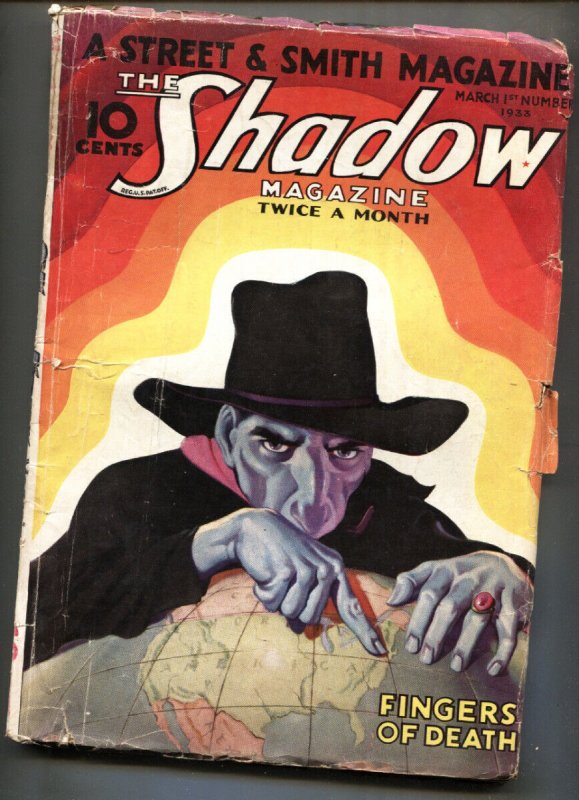 Shadow Pulp-Fingers of Death-March #1 (1933), raw comic book in VG condition — front cover