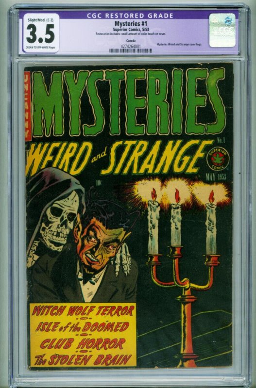Mysteries #1 (1953), CGC 3.5 graded comic book, Universal Blue label — front cover in its holder