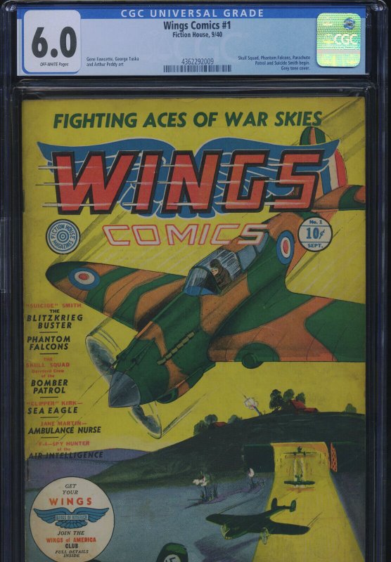 Wings Comics #1 (Fiction House), CGC 6.0 graded comic book, Universal Blue label — front cover in its holder