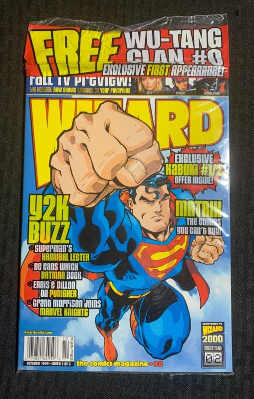 1999 Wizard Magazine #98 Superman Cover #1 Sealed w/ Wu-Tang #0 Comic Insert (1999), raw, ungraded comic book — front cover
