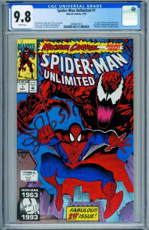 Spider-Man Unlimited #1 (Marvel Comics, 1993), CGC 9.8 graded comic book, Universal Blue label — front cover in its holder