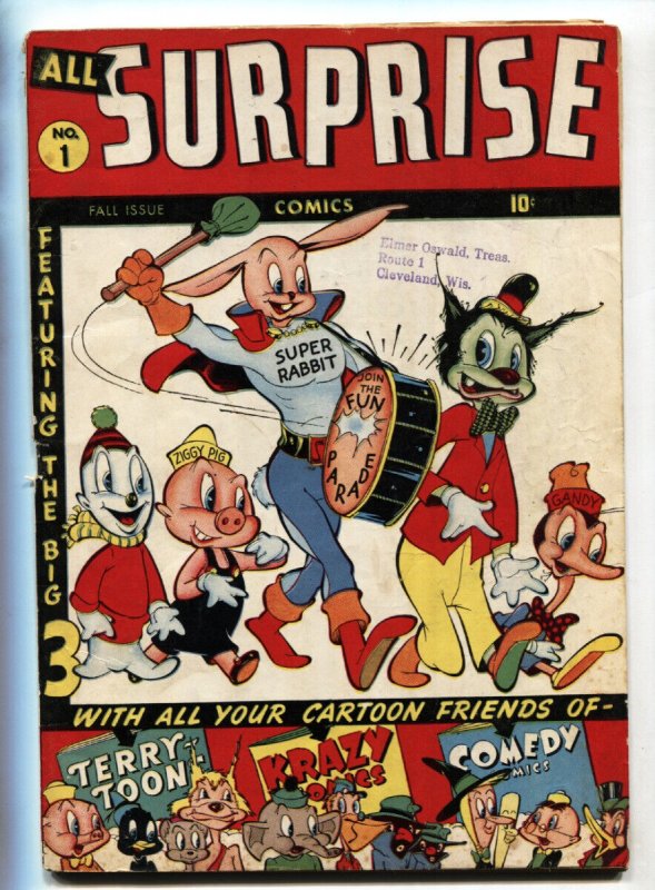 ALL Surprise #1- 1943-Super Rabbit-Ziggy PIG-Timely Comic Book (Timely Comics, 1943), raw, ungraded comic book — front cover