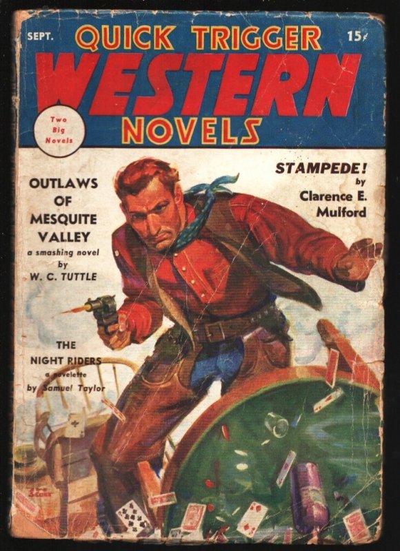 Quick Trigger Western 9/1936-Hopalong Cassidy-Clarence E. Mulford-J.W. Scott car, raw, ungraded comic book — front cover