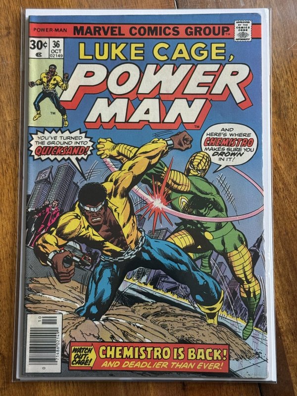 Luke Cage, Power Man #36 (Marvel Comics, 1976), raw comic book in VF- 7.5 condition — front cover