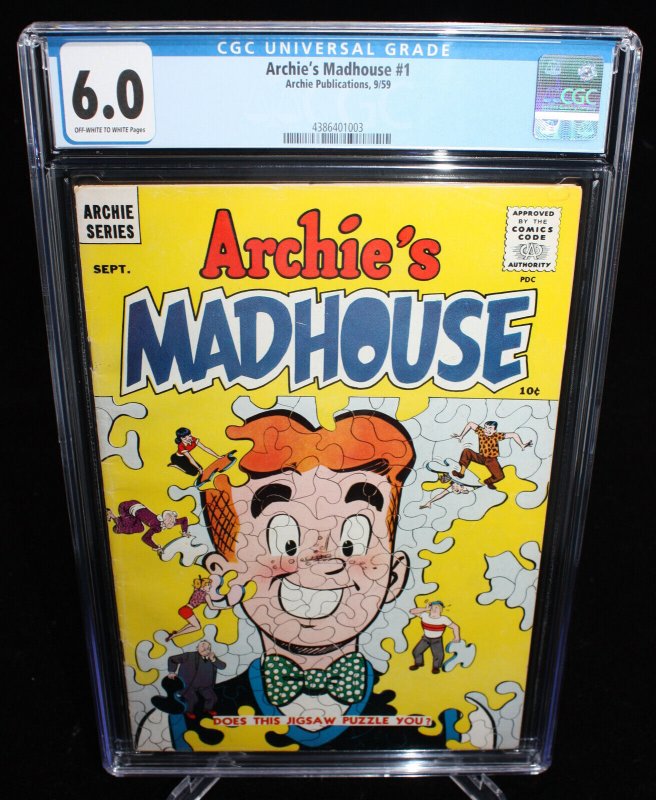 Archie's Madhouse #1 (1959), CGC 6.0 graded comic book, Universal Blue label — front cover in its holder