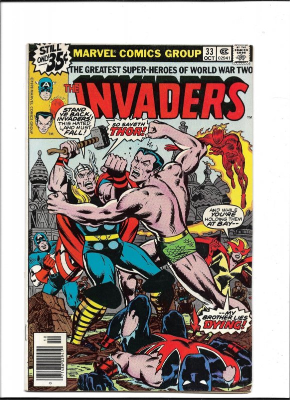 The Invaders #33 (Marvel Comics, 1978), raw, ungraded comic book — front cover