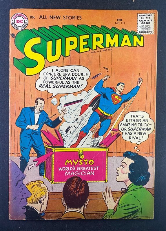 Superman #111 (DC Comics, 1939), raw comic book in GD+ 2.5 condition — front cover