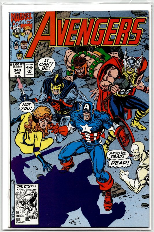 The Avengers #343 (Marvel Comics, 1992), raw, ungraded comic book — front cover