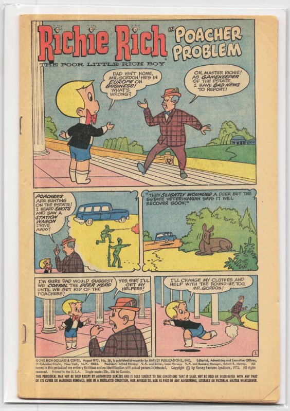 Richie Rich Dollars & Cents #56 (Harvey Comics, 1973), raw, ungraded comic book — front cover