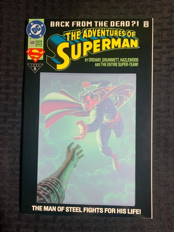 1993 the Adventures of Superman #500 (1993), raw comic book in VF 8.0 condition — front cover