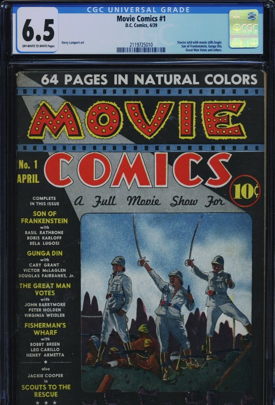 Movie Comics #1 (DC Comics), CGC 6.5 graded comic book, Universal Blue label — front cover in its holder
