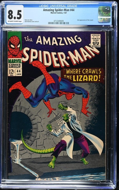 Amazing Spider-Man #44 (Marvel Comics, 1967), CGC 8.5 graded comic book, Universal Blue label — front cover in its holder