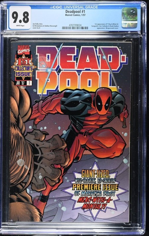 Deadpool #1 (Marvel Comics, 1997), CGC 9.8 graded comic book, Universal Blue label — front cover in its holder