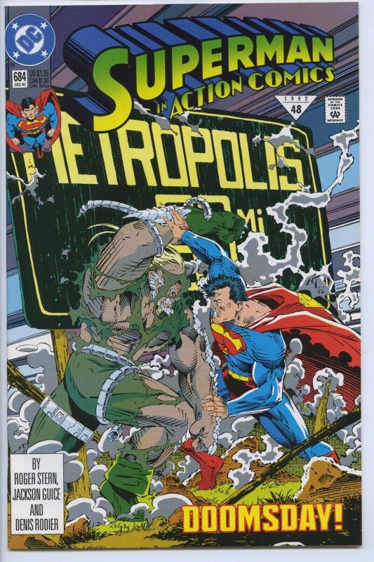 Action Comics #684 - 9.2, WP - Superman Battles Doomsday - High Grade! (DC Comics, 1992), raw comic book in 9.2 condition — front cover