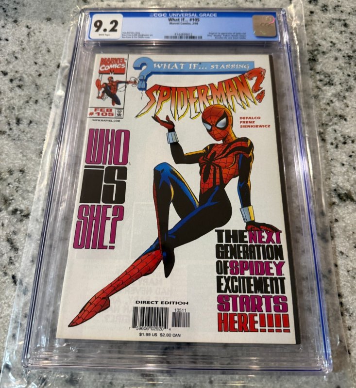 What If? #105 (Marvel Comics), CGC 9.2 graded comic book, Universal Blue label — front cover in its holder