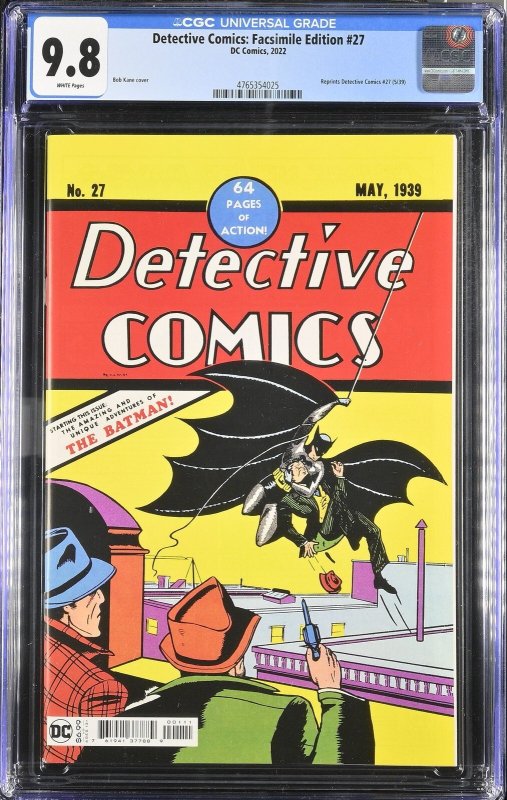 Detective Comics: Facsimile Edition #27 (DC Comics, 2022), CGC 9.8 graded comic book, Universal Blue label — front cover in its holder