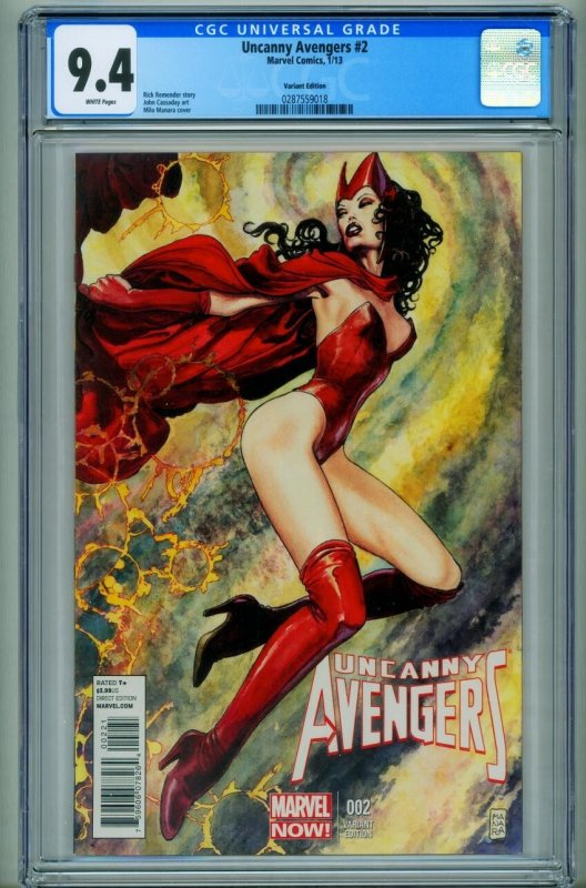 Uncanny Avengers #2 (Marvel Comics, 2013), CGC 9.4 graded comic book, Universal Blue label — front cover in its holder