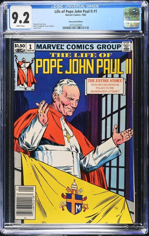 Life of Pope John Paul II #1 (Marvel Comics, 1982), CGC 9.2 graded comic book, Universal Blue label — front cover in its holder