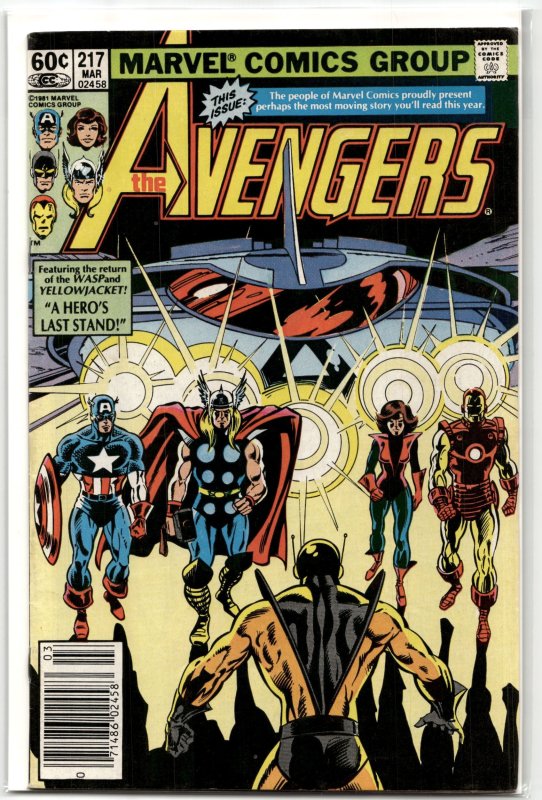 The Avengers #217 (Marvel Comics, 1982), raw, ungraded comic book — front cover
