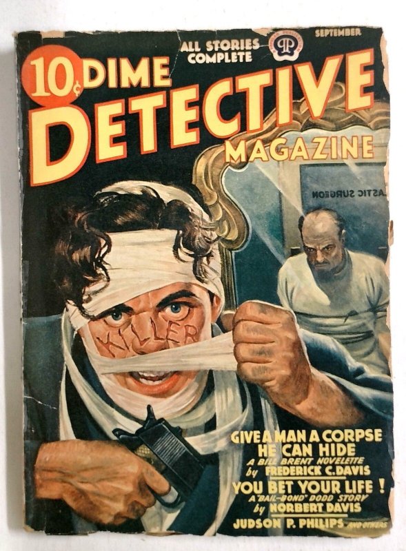 Dime Detective Sept 1942 - Gunman had the Word Killer Carved into his Face - (1942), raw, ungraded comic book — front cover