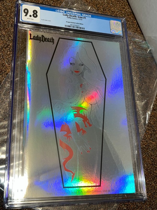 Lady Death Icon #1 (2008), CGC 9.8 graded comic book, Universal Blue label — front cover in its holder