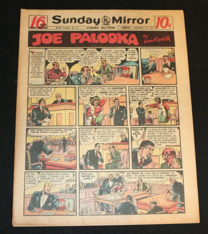 1951 Sunday Mirror Weekly Comic Section January 14th (VF) Superman Joe Palooka (1951), raw comic book in VF condition — front cover