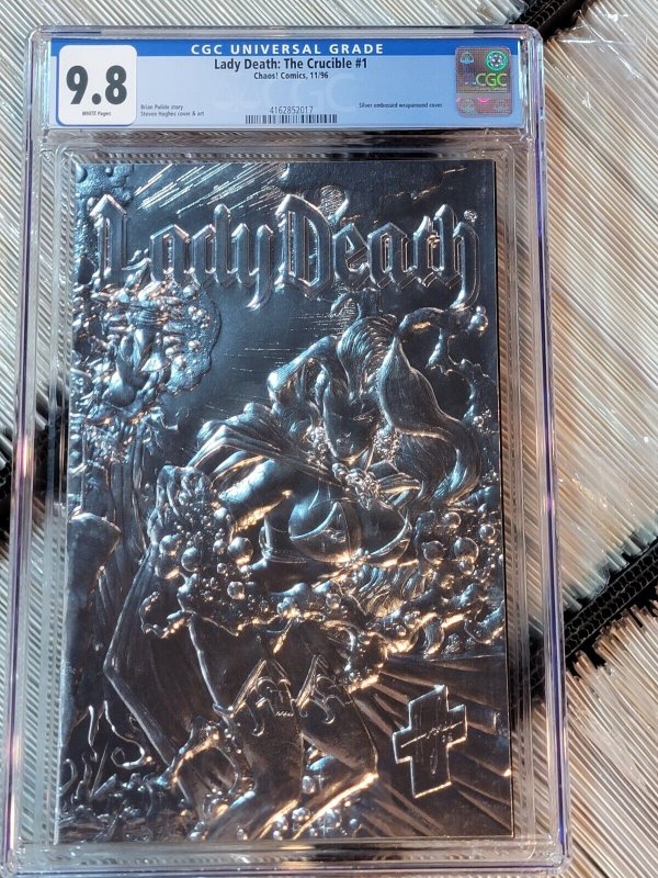 Lady Death the Crucible #1 (1996), CGC 9.8 graded comic book, Universal Blue label — front cover in its holder