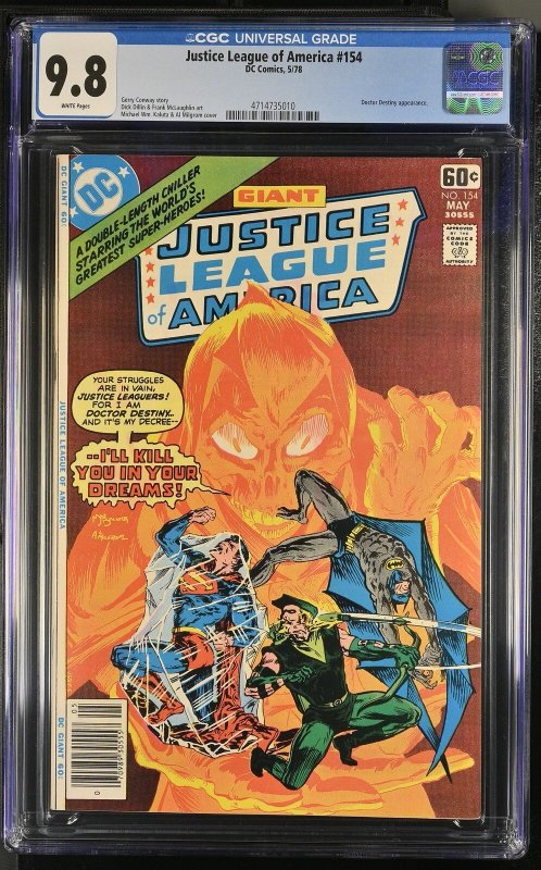 Justice League of America #154 (DC Comics, 1978), CGC 9.8 graded comic book, Universal Blue label — front cover in its holder