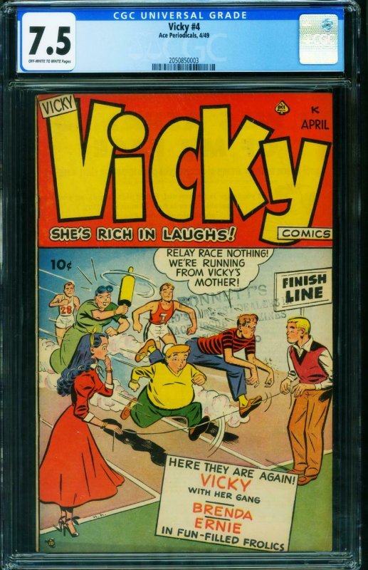 Vicky #4 (1949), CGC 7.5 graded comic book, Universal Blue label — front cover in its holder