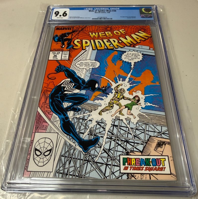 Web of Spider-Man #36 (Marvel Comics, 1988), CGC 9.6 graded comic book, Universal Blue label — front cover in its holder