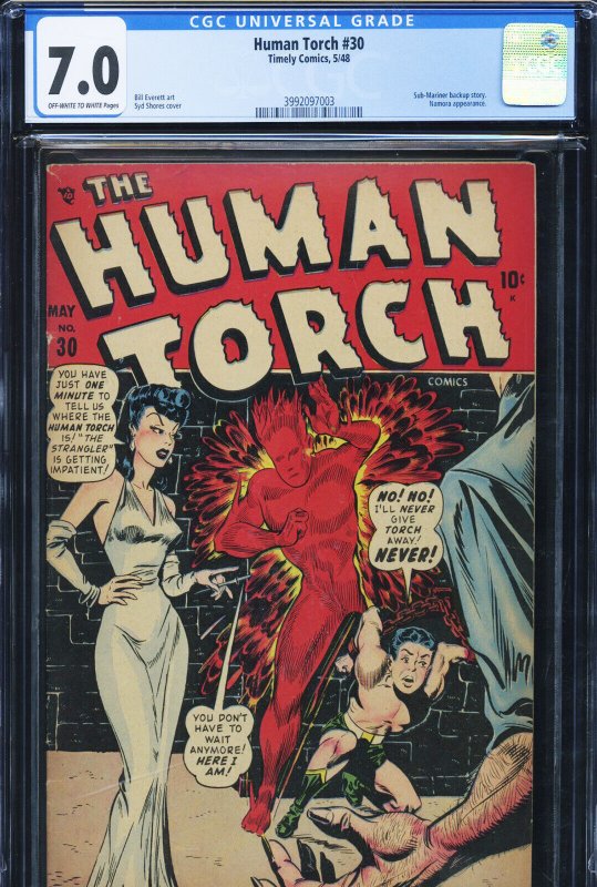 Human Torch #30 (Timely Comics), CGC 7.0 graded comic book, Universal Blue label — front cover in its holder