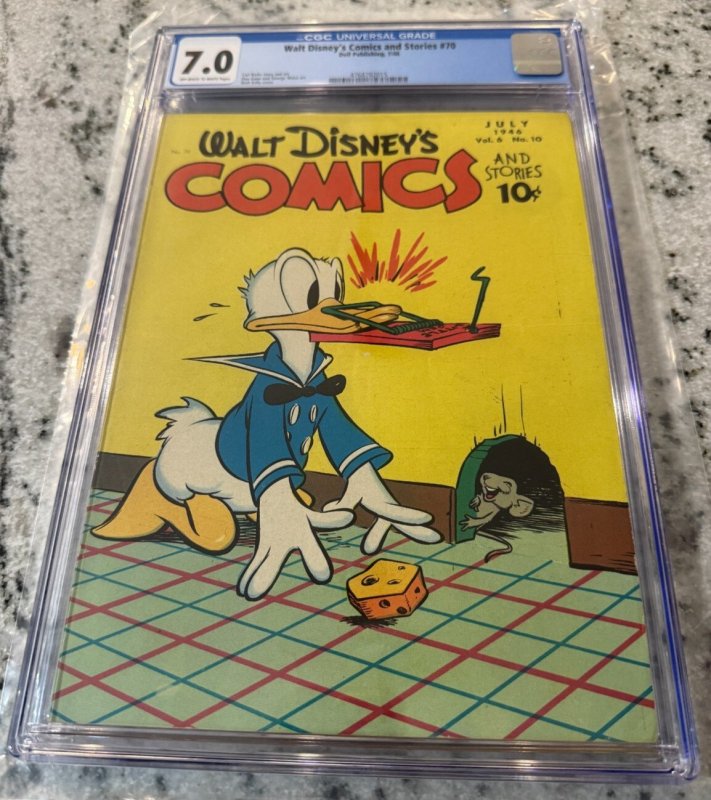 Walt Disney's Comics & Stories #70 (1946), CGC 7.0 graded comic book, Universal Blue label — front cover in its holder