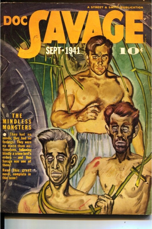 Doc Savage 9/1941-"The Mindless Monsters"-Emery Clarke Pulp Cover Art-FN-, raw comic book in FN- condition — front cover