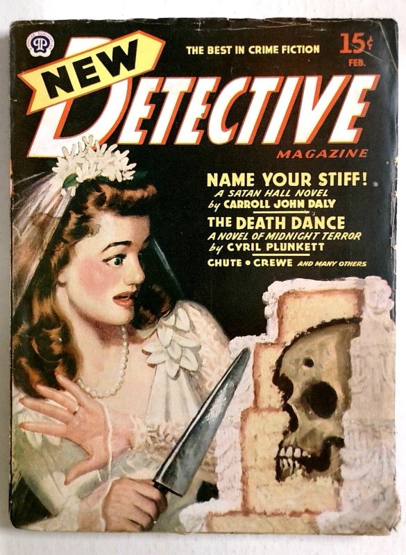 New Detective Feb 1946 -Bride Cuts Wedding Cake and Finds Skull Baked Inside- V (1946), raw, ungraded comic book — front cover