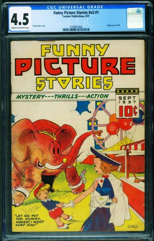 Funny Picture Stories Vol. 2 #1 (Centaur Publications, 1937), CGC 4.5 graded comic book, Universal Blue label — front cover in its holder