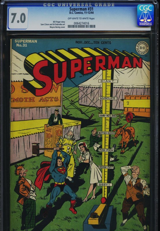 Superman #31 (DC Comics), CGC 7.0 graded comic book, Universal Blue label — front cover in its holder