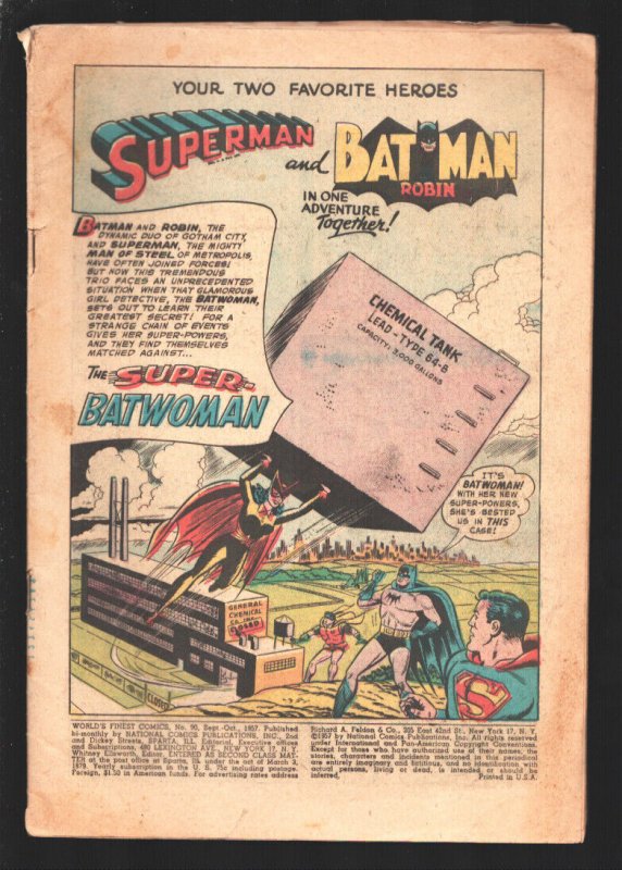 World's Finest #90-1957-DC-Features Batman & Robin, Batwoman, Superman, Green... (DC Comics), raw, ungraded comic book — front cover