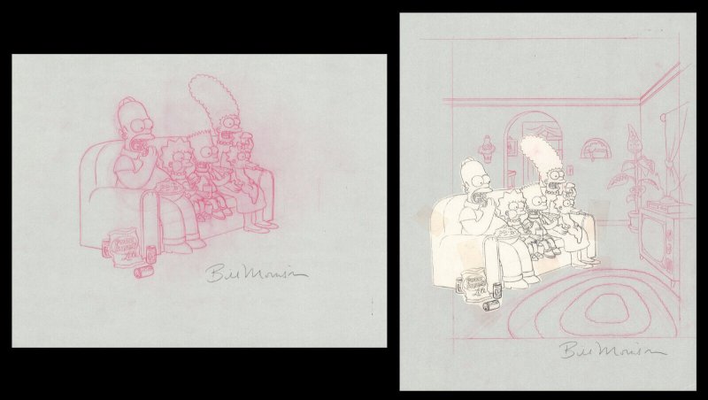 The Simpsons Family on Couch Merch Art 2pc Set - Signed art by Bill Morrison, raw, ungraded comic book — front cover