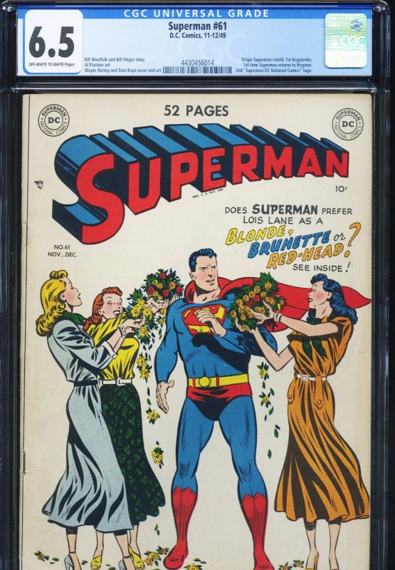Superman #61 (DC Comics), CGC 6.5 graded comic book, Universal Blue label — front cover in its holder