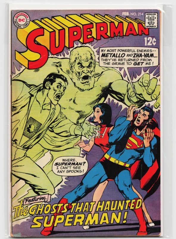 Superman #214 (DC Comics, 1969), raw, ungraded comic book — front cover