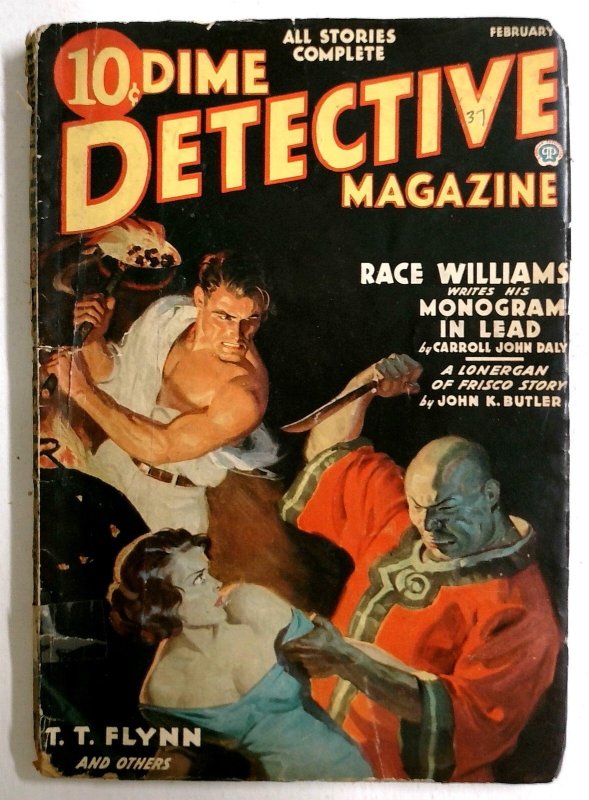 Dime Detective Feb 1937-Asian Menace Cover by Tom Lovell-Race Williams Appears (Popular Publications, 1937), raw, ungraded comic book — front cover