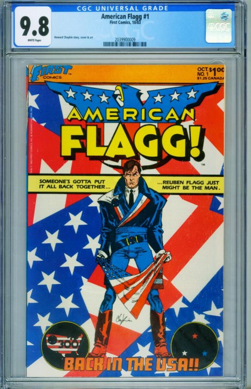 American Flagg #1 (1983), CGC 9.8 graded comic book, Universal Blue label — front cover in its holder