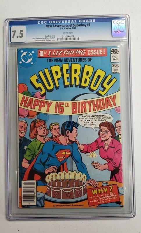 New Adventures of Superboy #1 (DC Comics, 1980), CGC 7.5 graded comic book, Universal Blue label — front cover in its holder