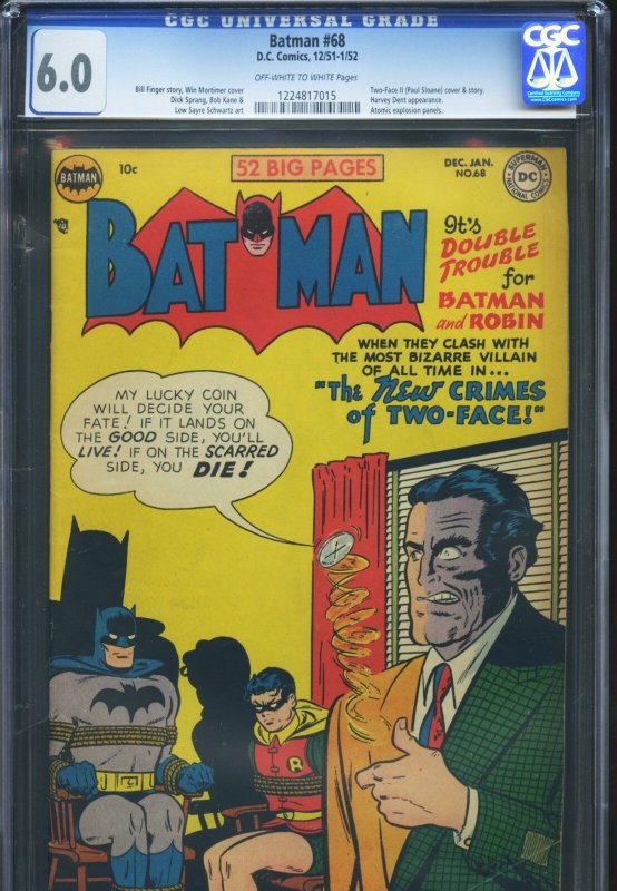 Batman #68 (DC Comics), CGC 6.0 graded comic book, Universal Blue label — front cover in its holder