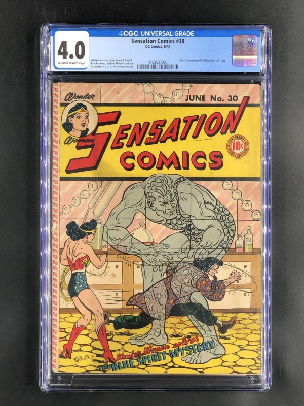 Sensation Comics #30 (DC Comics, 1944), CGC 4.0 graded comic book, Universal Blue label — front cover in its holder