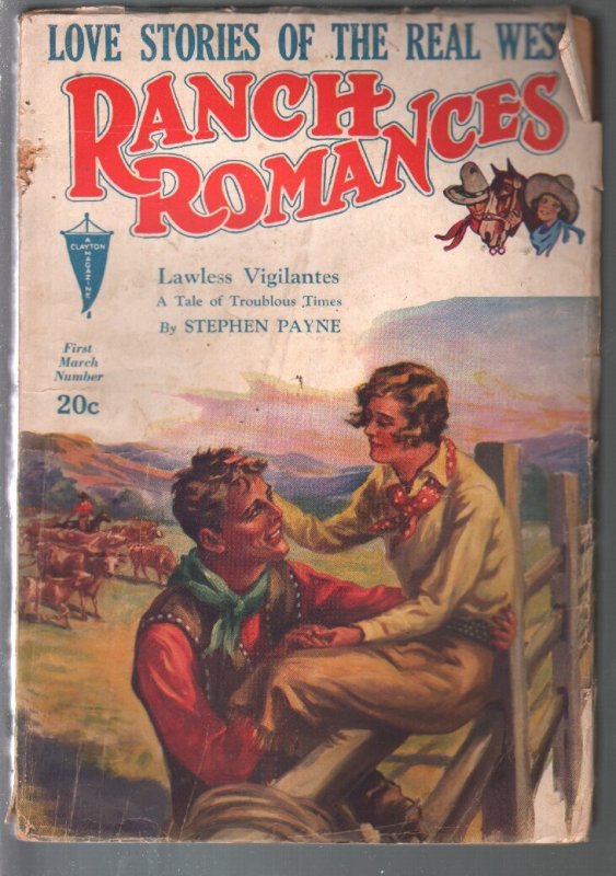 Pulp: Ranch Romances 3/1/1933-Lawless Vigilntes-Stephen Payne-VG, raw comic book in VG condition — front cover