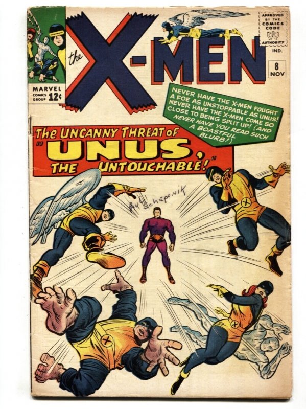X-Men #8 (Marvel Comics, 1965), raw comic book in VG- condition — front cover