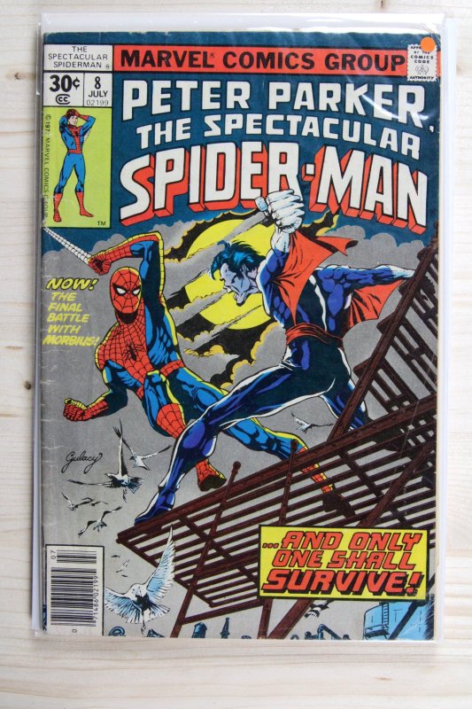 The Spectacular Spider-Man #8 (Marvel Comics, 1977), raw comic book in VG/FN 5.0 condition — front cover